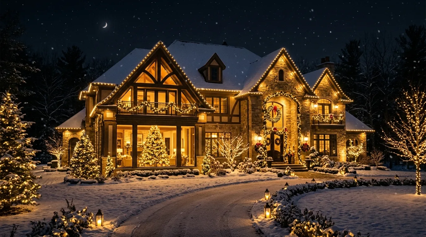 Luxury home exterior decorated with elegant Christmas lights at night.